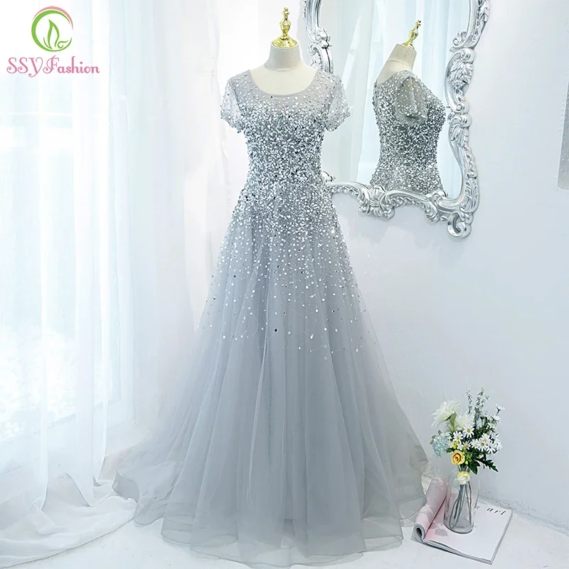 Customized  Luxury Grey Evening Dress Elegant Short Sleeve Glittering Sequins Beading A-line Party Formal Gowns Vestidos