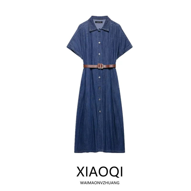 

Spring 2025 New Arrival Women's Commuter Midi Denim Dr Belt Included Faionable Single Piece ort Sve Other Material ...