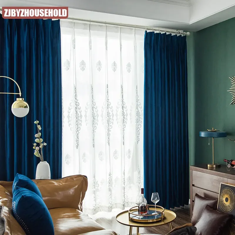 Light Blue Velvet Curtains for Living Room Luxury Retro Fashion Simple Windows Blackout Noble Decoration Heat Insulation Bedroom