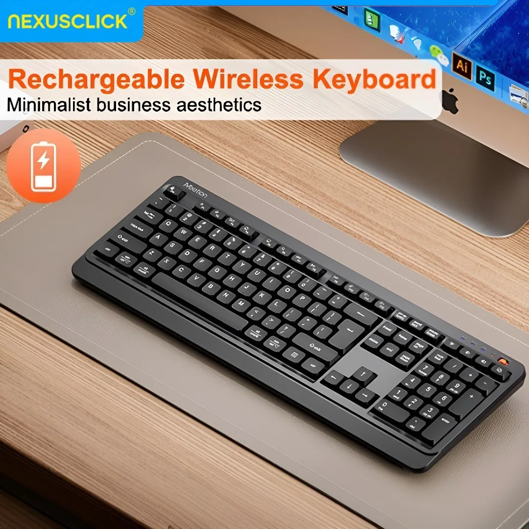NexusClick Low Profile 2.4G Wireless Keyboard, Rechargeable Dual Mode Full Size Ergonomic Silent Keyboard for Gamer Home Office