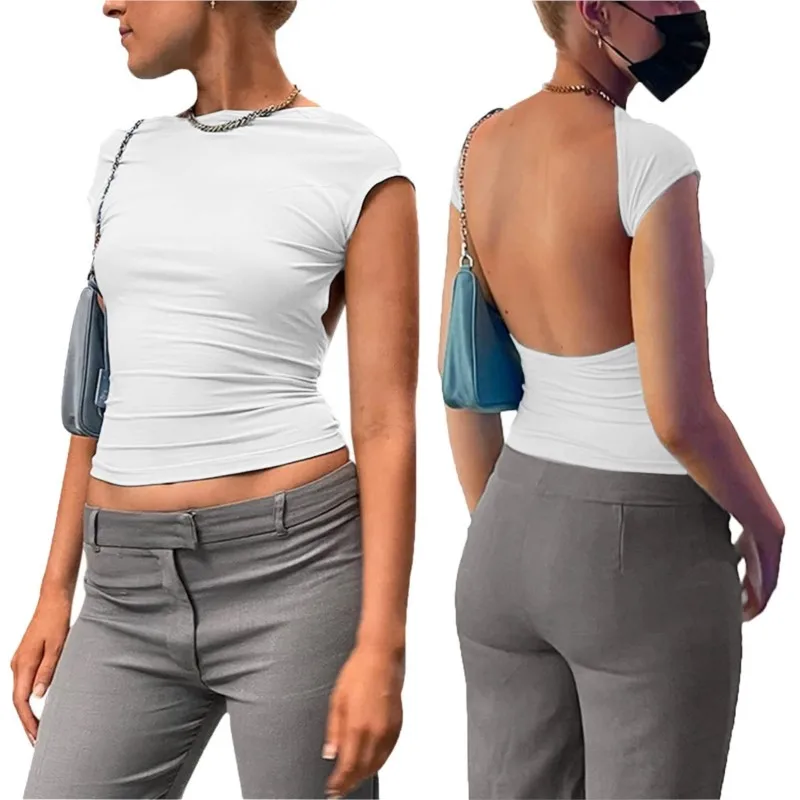 2025 Summer Women's High Neck Cut-Out Crop Top Sexy Slim Fit Breathable Tank Top with Open Back & Midriff for Daily T shirts