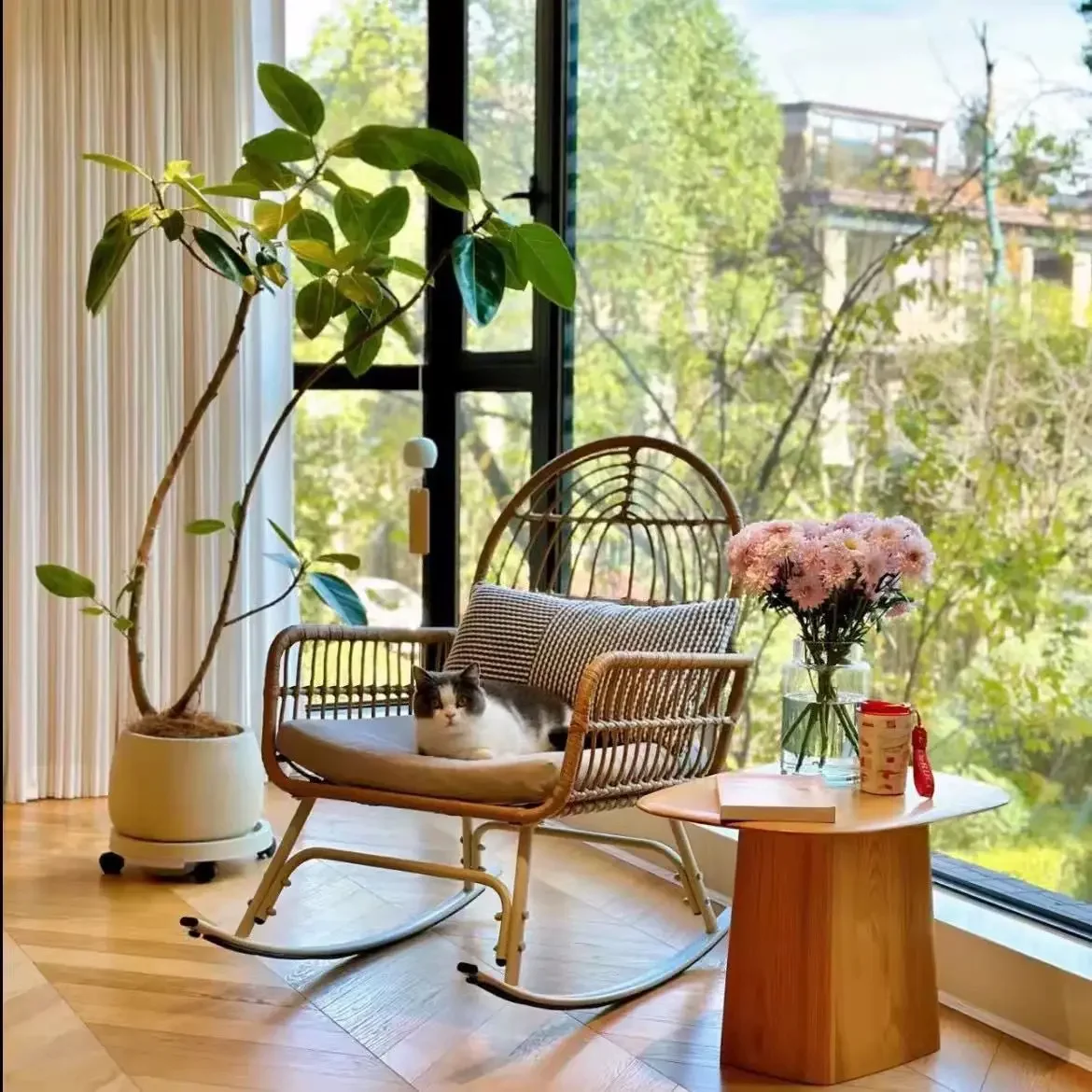 Chinese-style Cane Balcony Leisure Elderly Rattan Chair Household Lazy Living Room Happy Outdoor Adult Rocking Chair