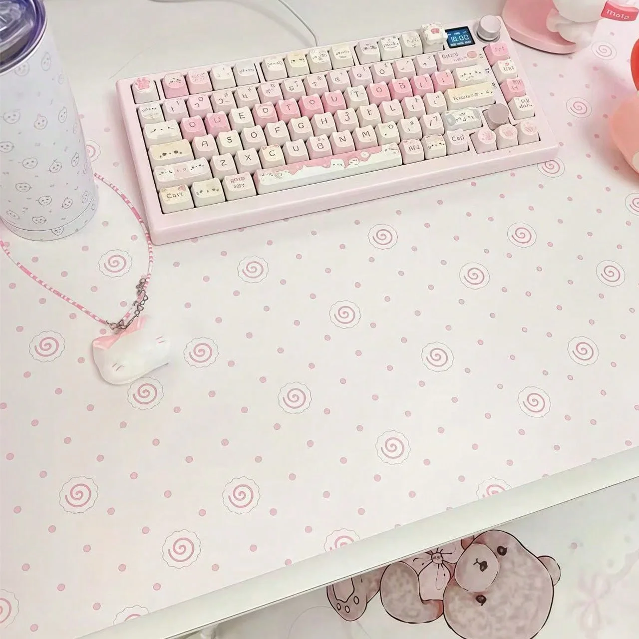 Pink Polka Dots Fish Cake ins Korea Leather Desk Pad Protector Mouse Pad Office Desk Mat Waterproof Non-Slip PU Desk Blotter Pad