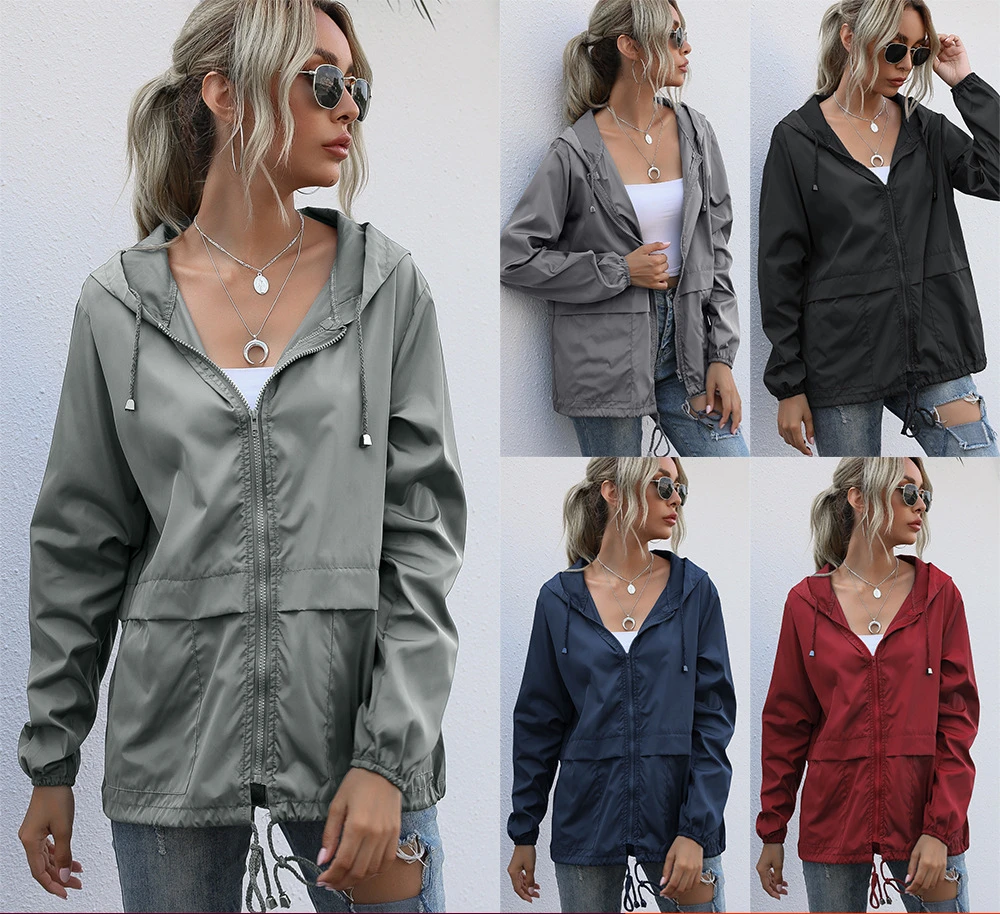 Women\'s Zipper Hoodie Raincoat Lightweight Outdoor Hiking Raincoat Jacket Solid Color Raincoat Women Impermeable