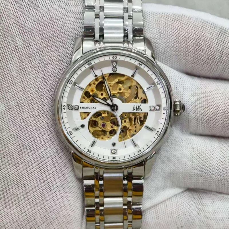 

Shanghai Men Watch 40mm Skeleton Watch Automatic Mechanical Watch Business Sapphire Stainless Steel Waterproof Luminescent Watch
