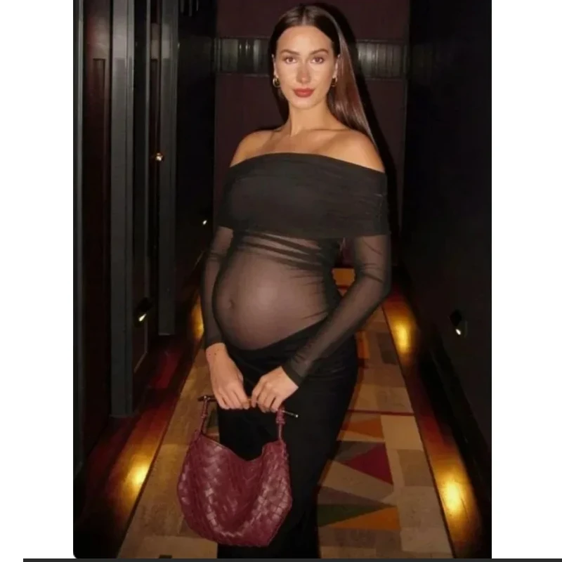 

Прозрачное кружевное платье для беременных, облегающее макси-платье с открытыми плечами и длинными рукавами для фотосессии беременных и детского душа