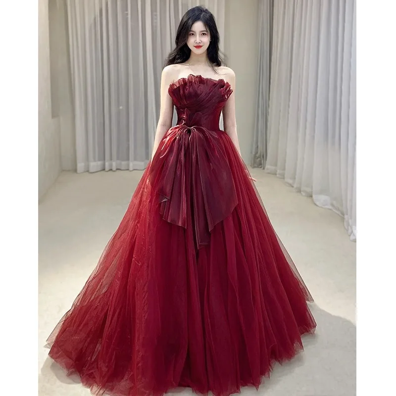 

Elegant Celebrity Dress Burgundy Strapless Tulle Bow Pleated Ribbon Temperament Floor-length Women Evening Party Gowns High-end