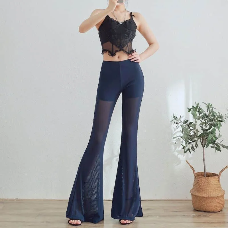 Flare Pants for Women Solid Shiny Thread 2026 Summer Harajuku High-stretch Thin See-through Sexy Body-hugging Fashion Trousers