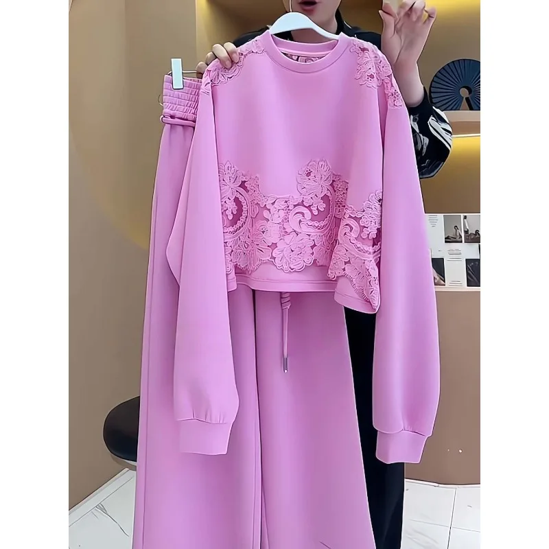 Conjunto de dos piezas de suéter con empalme de encaje, versión coreana, reducción de edad, temperamento Simple, explosión de principios de otoño