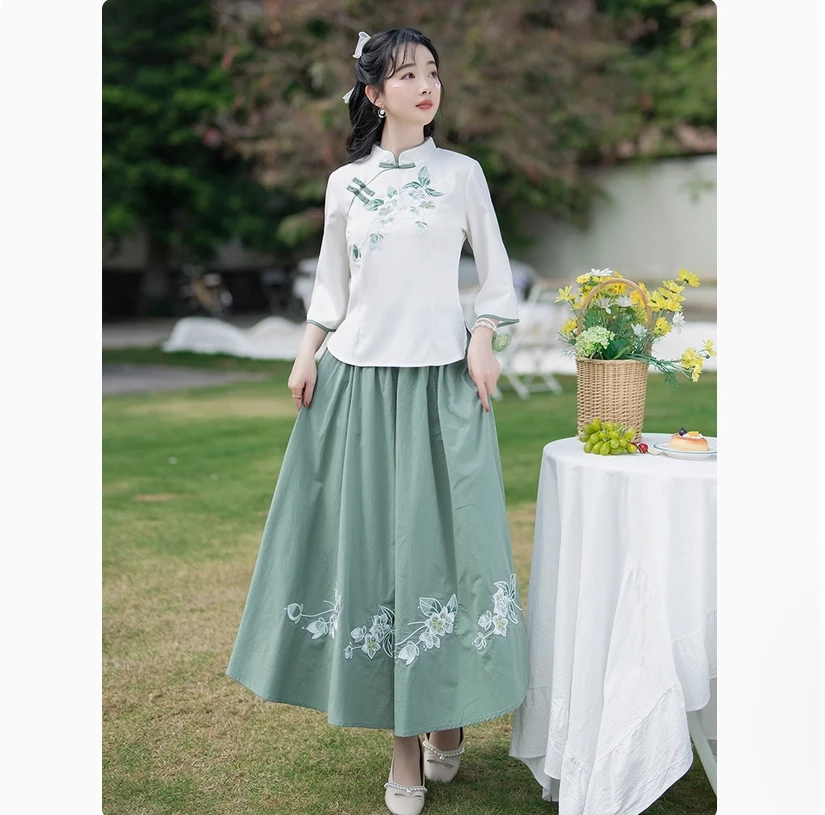 Fivela bordada melhorada cheongsam top, novo estilo chinês estudante hanfu algodão e linho conjunto saia feminina