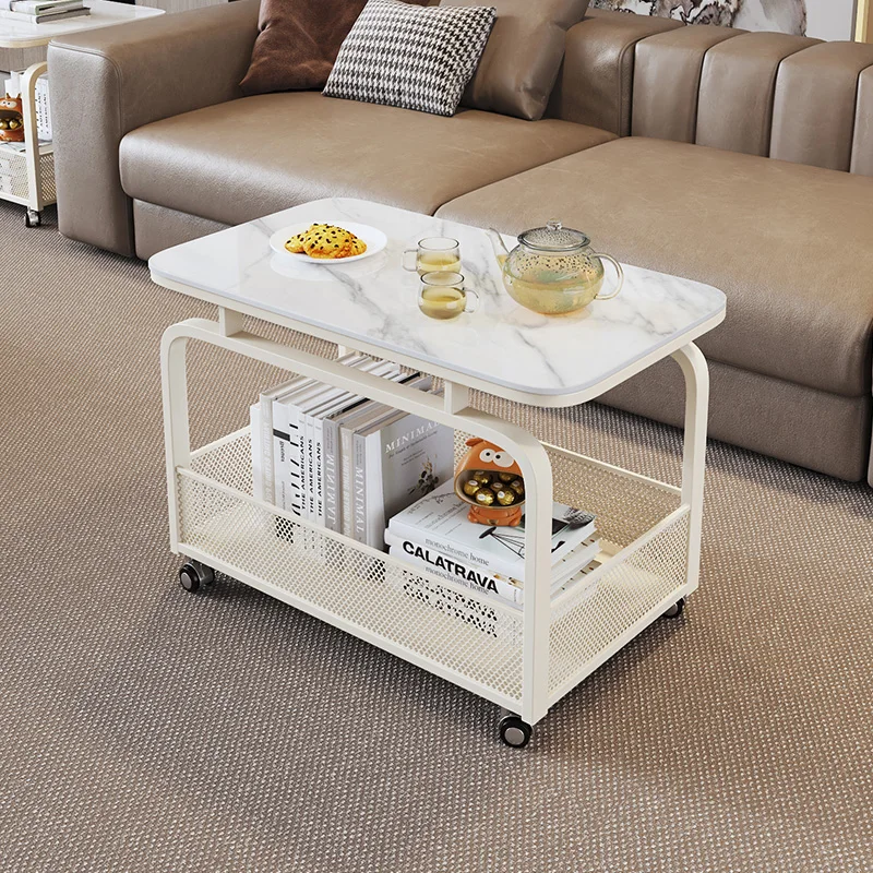 イタリア製の岩板を使用したリビングルーム用の移動式シンプル二層収納エッジ、少数のコーナーが付いたミニマリストカート