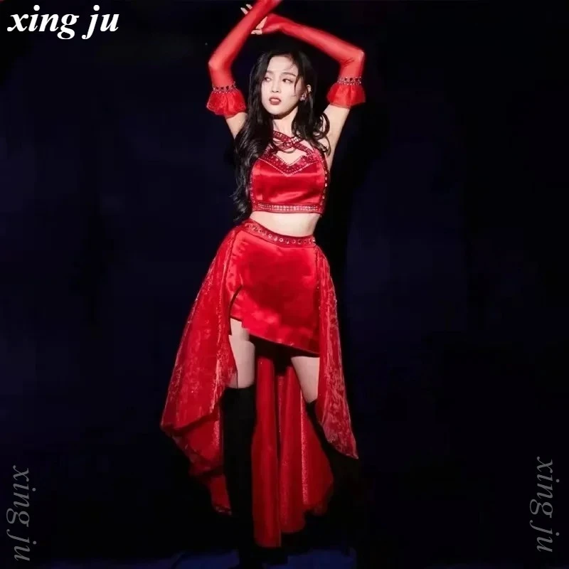 

Kpop Korean Singer Women Jazz Dance Outfits Female Sexy Halter Tops Irregular Skirt Nightclub DJ Girl Stage Performance Costume