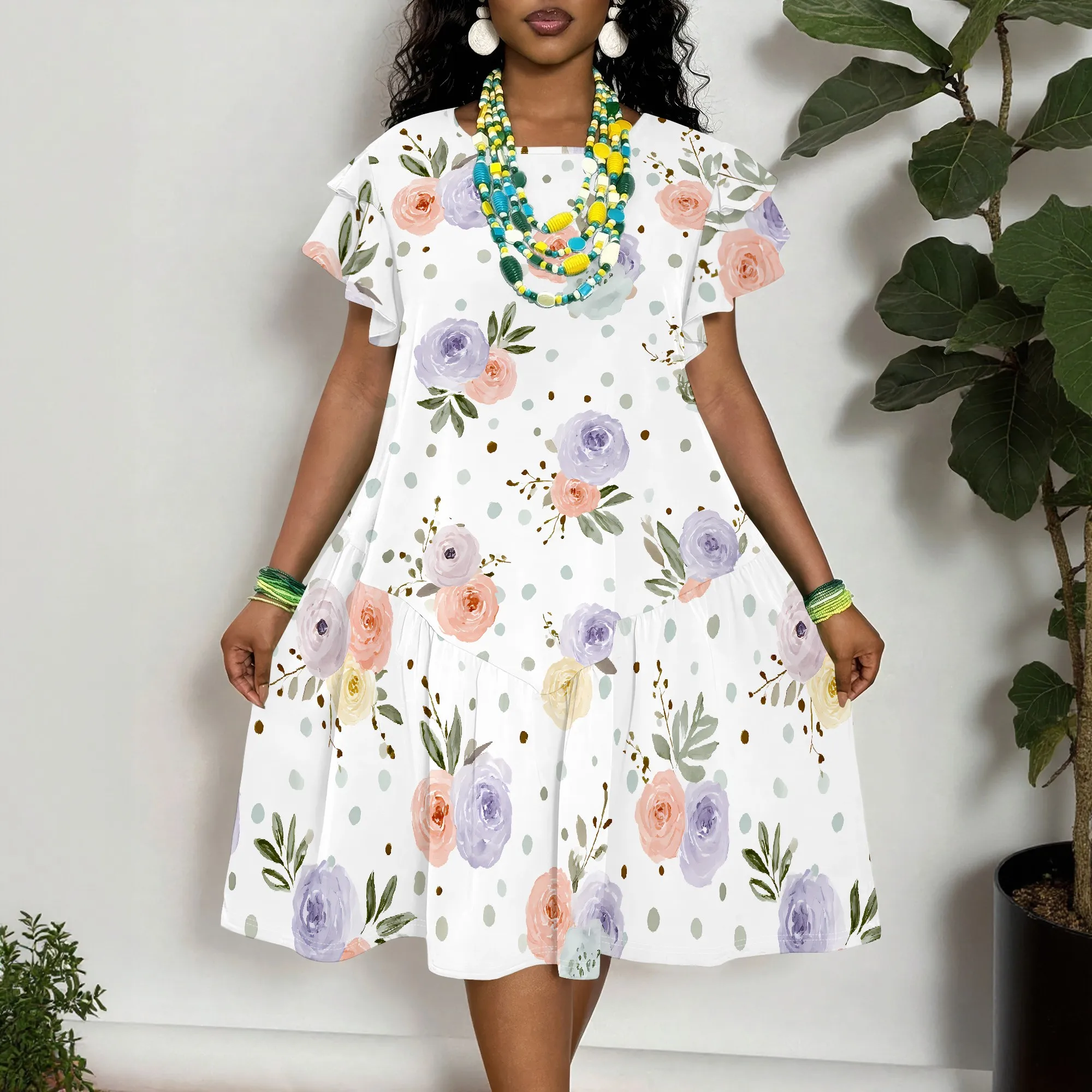 

Women's Plus Size Floral Print Short Sleeve Dress with Ruffle Sleeves and Tiered Skirt