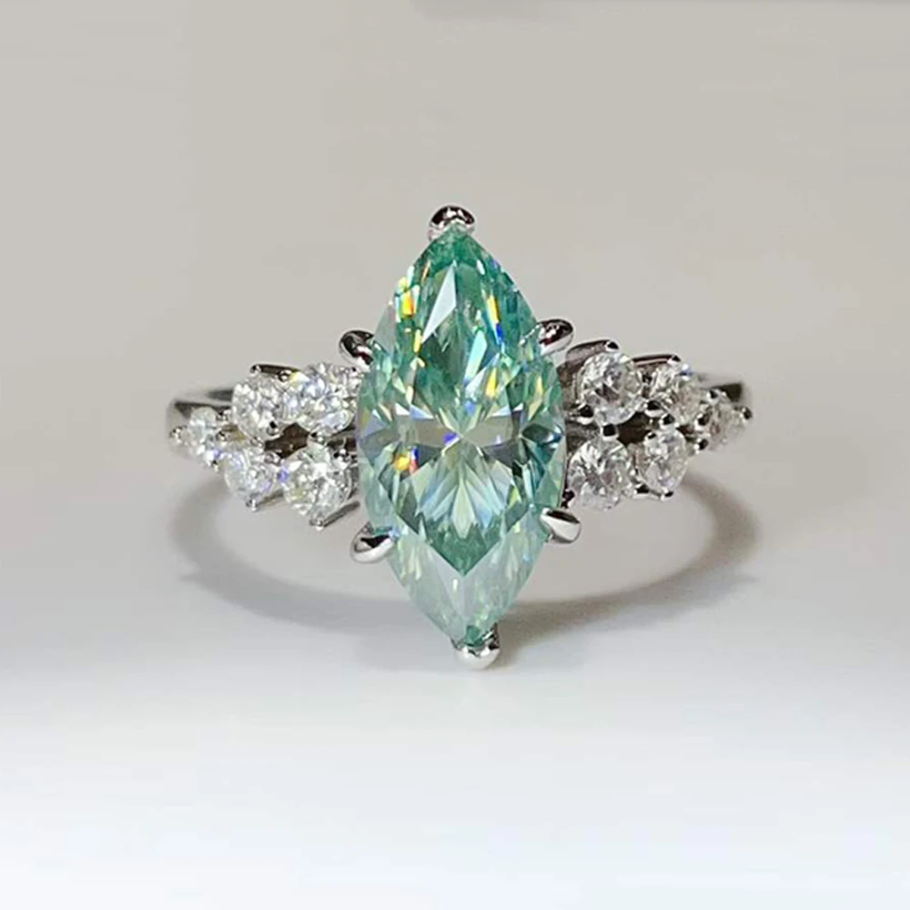 Serenity 3ct Blue Green Moissanite Rings for Women S925 Bands 100% Sterling Silver Sparkling Marquise Cut Eternity Rings Jewelry