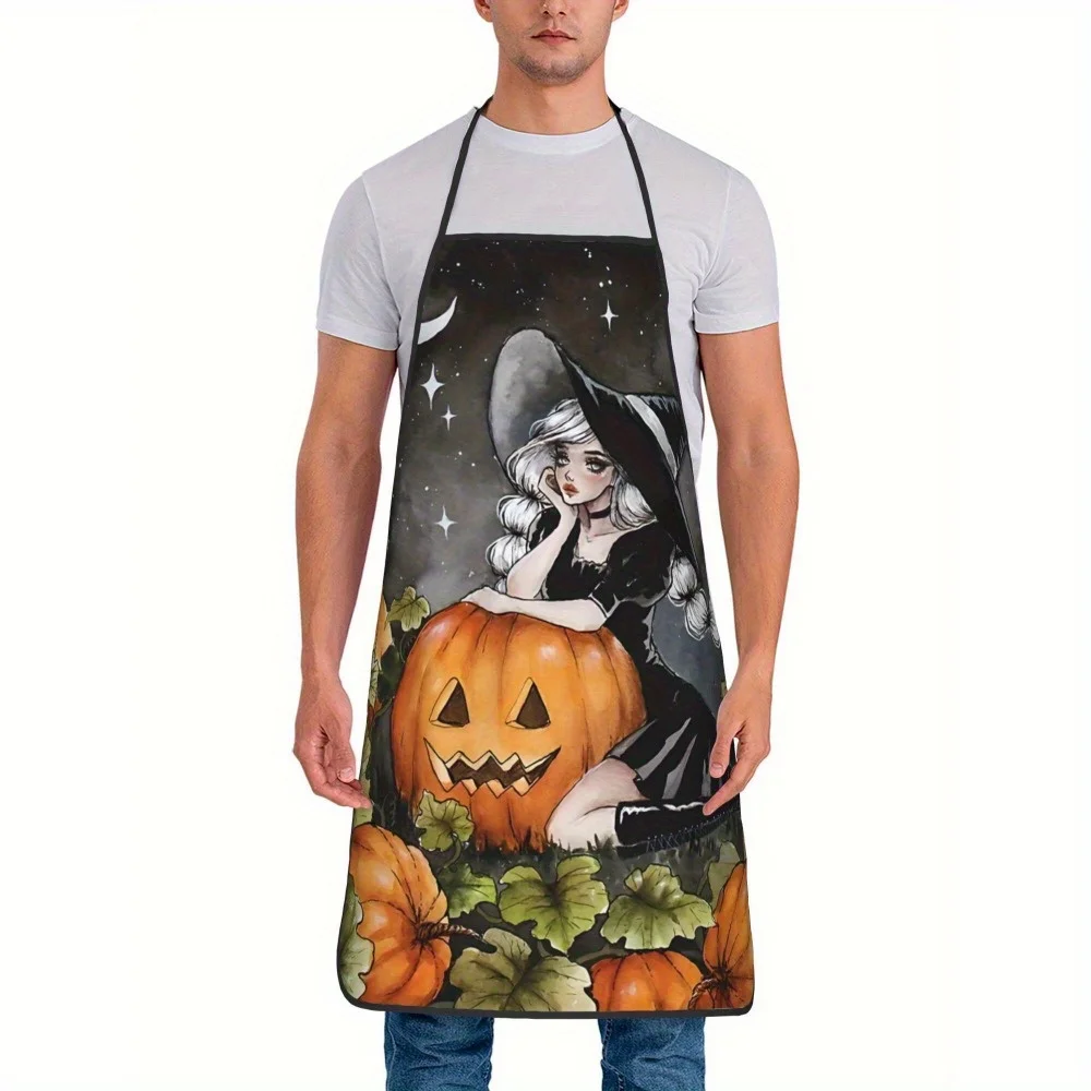 Halloween Witch Cooking Apron - Black with White Ruffled Sleeves, Stars & Pumpkins Design, Polyester