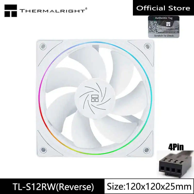 Thermalright TL-S12R 컴퓨터 케이스 선풍기, 역방향 공기 배출구, 헤일로 조명 효과, 4 핀 PWM, 5V, 3 핀 ARGB,1500RPM, 12cm 