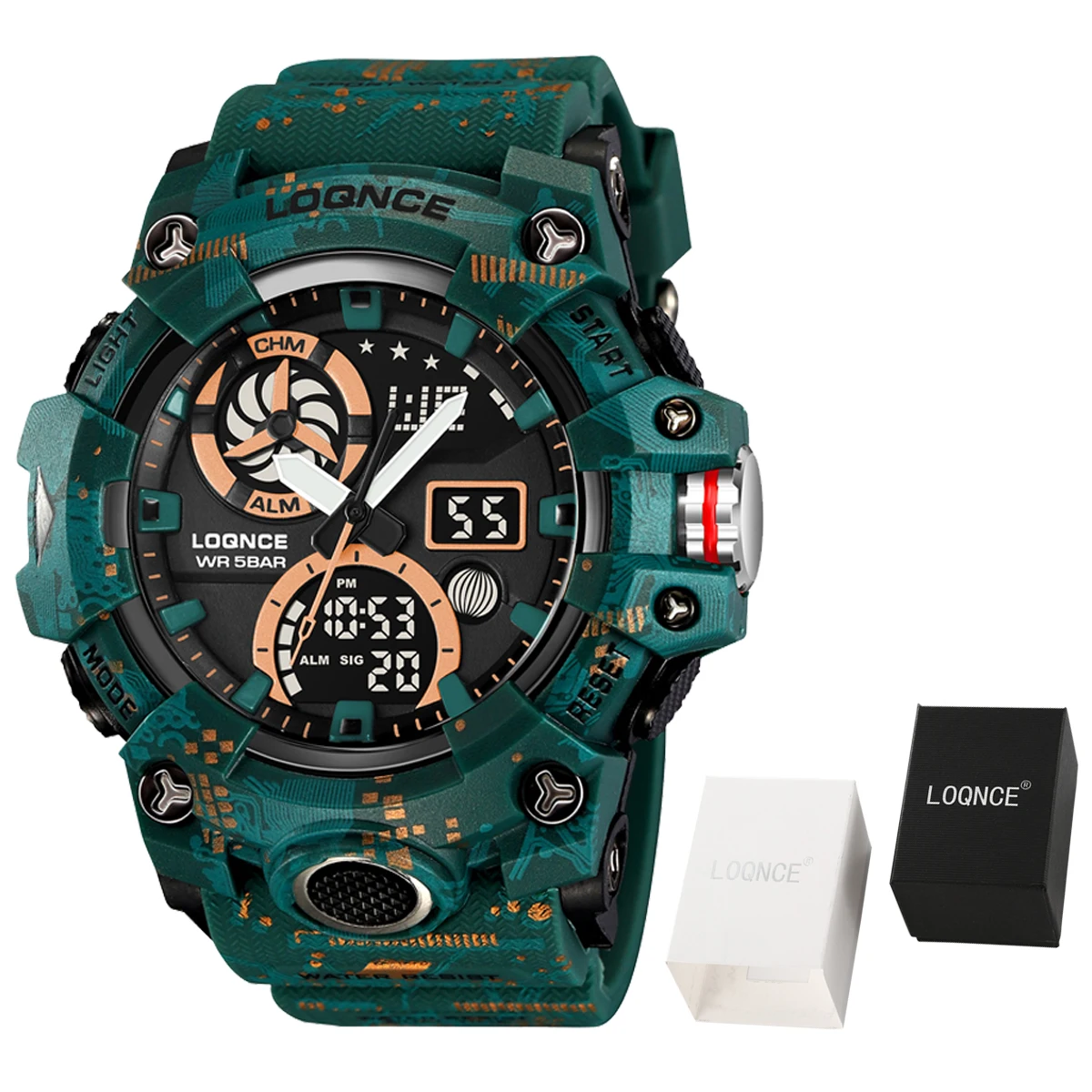 LOQNCE 98007 Men's Multi functional Waterproof Night Light Alarm Clock Sports Outdoor Watch Camo Watch