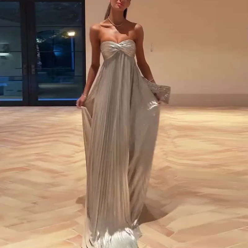 Silver Sexy Gowns Evening Dress Woman Spring Strapless High Waist Pleated Long Dresses Summer New Backless Side Split Maxi Dress