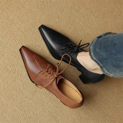 New Spring Cow Leather Women Shoes Pointed Toe Women Pumps Shoes for Women Lace High Heels Zapatos Mujer Loafers Ladies Shoes