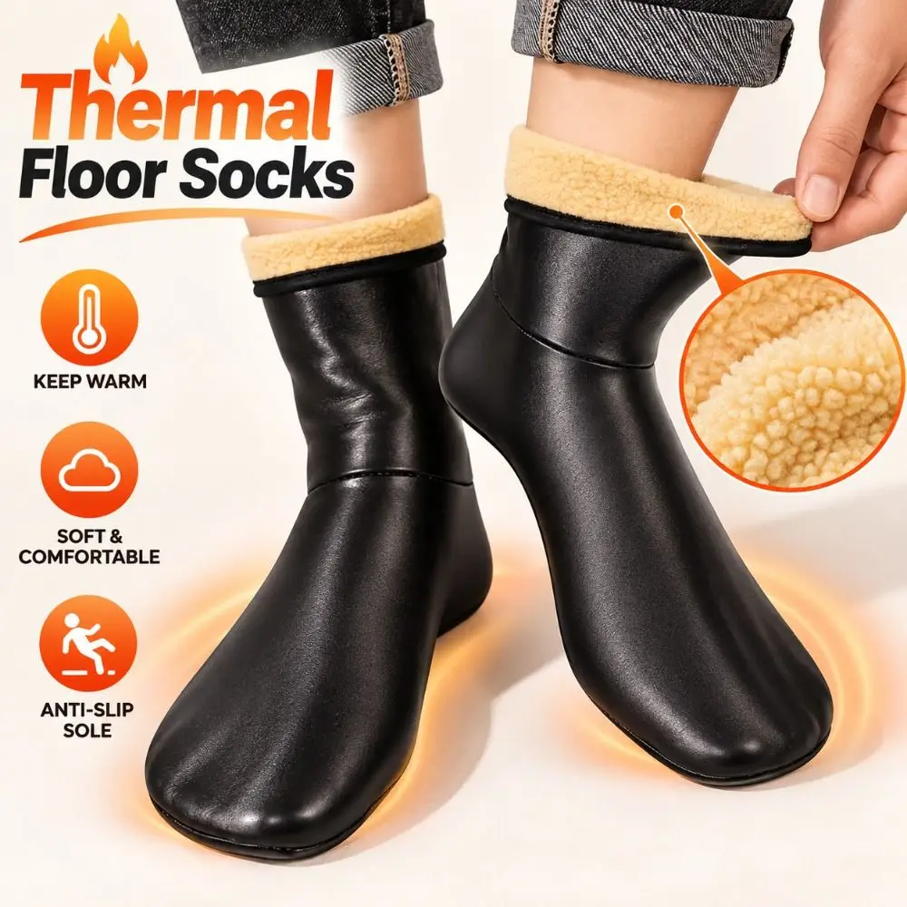 New Thickened Thermal Floor Socks Non-Slip Bottom Fleece Lined Winter Thermal Socks Waterproof Leather High Tube Socks Men Women