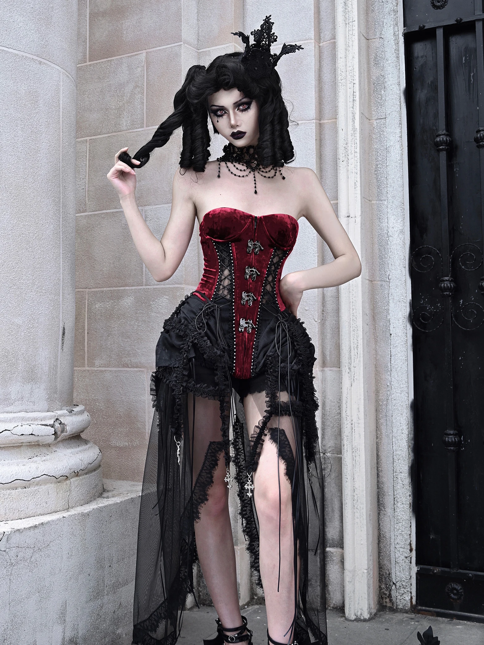 Blood Supply Original Women Goth Red Fishbone Strap Birdcage Corset Set Fairy Asymmetric Lace Skirt Set Grunge Summer Clothes