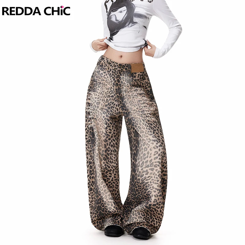 REDDACHiC 90s Retro Woman Leopard Baggy Jeans Bleached Distressed Pockets Low Waist Wide Leg Cargo Pants Harajuku Y2k Streetwear
