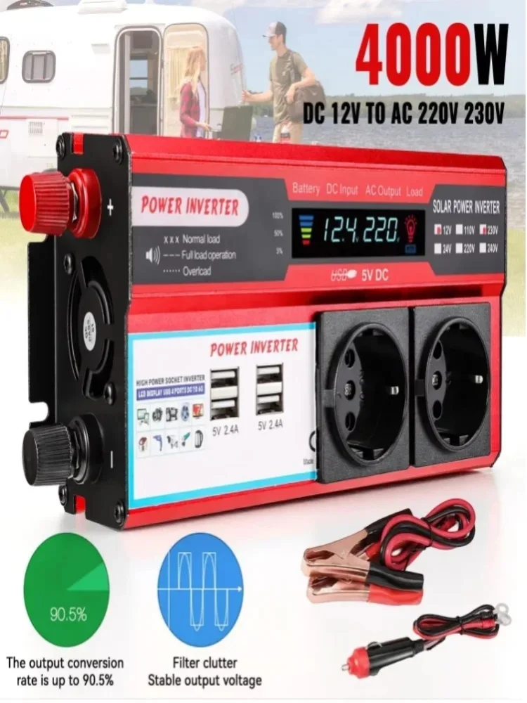Inwerter mocy 4000W 3000W DC 12V na AC 220V 230V z 4 portami USB, gniazdem EU, wyświetlaczem LED do podróży i biwakowania — 2