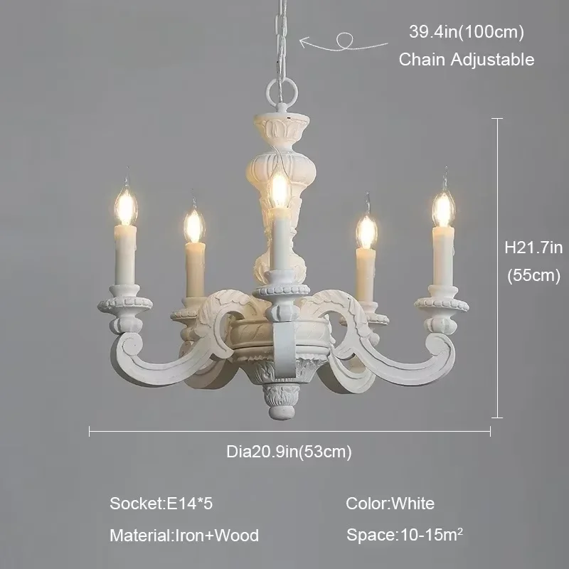Europese vintage hanglamp van hout, retro kroonluchter voor boerderijstijl, met gegraveerde kaarsen, voor woonkamer en slaapkamer.