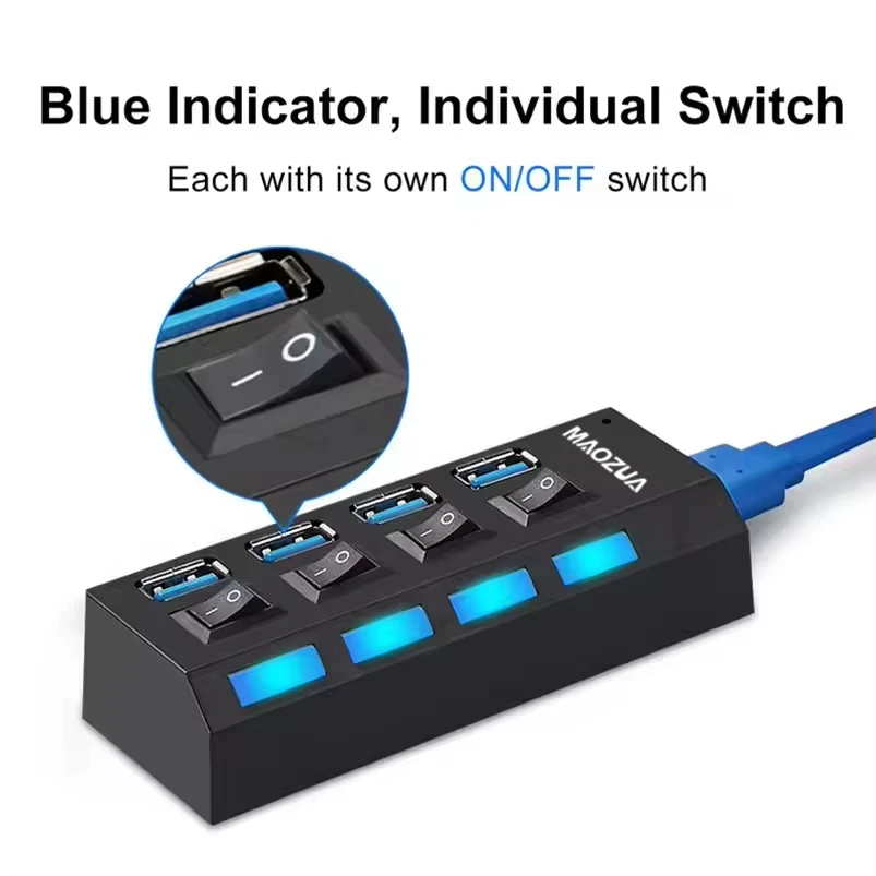 High Speed 4 Ports USB HUB 4×USB 3.0 Adapter Expander Multi USB Splitter Multiple Extender with LED Lamp Switch for PC Laptop