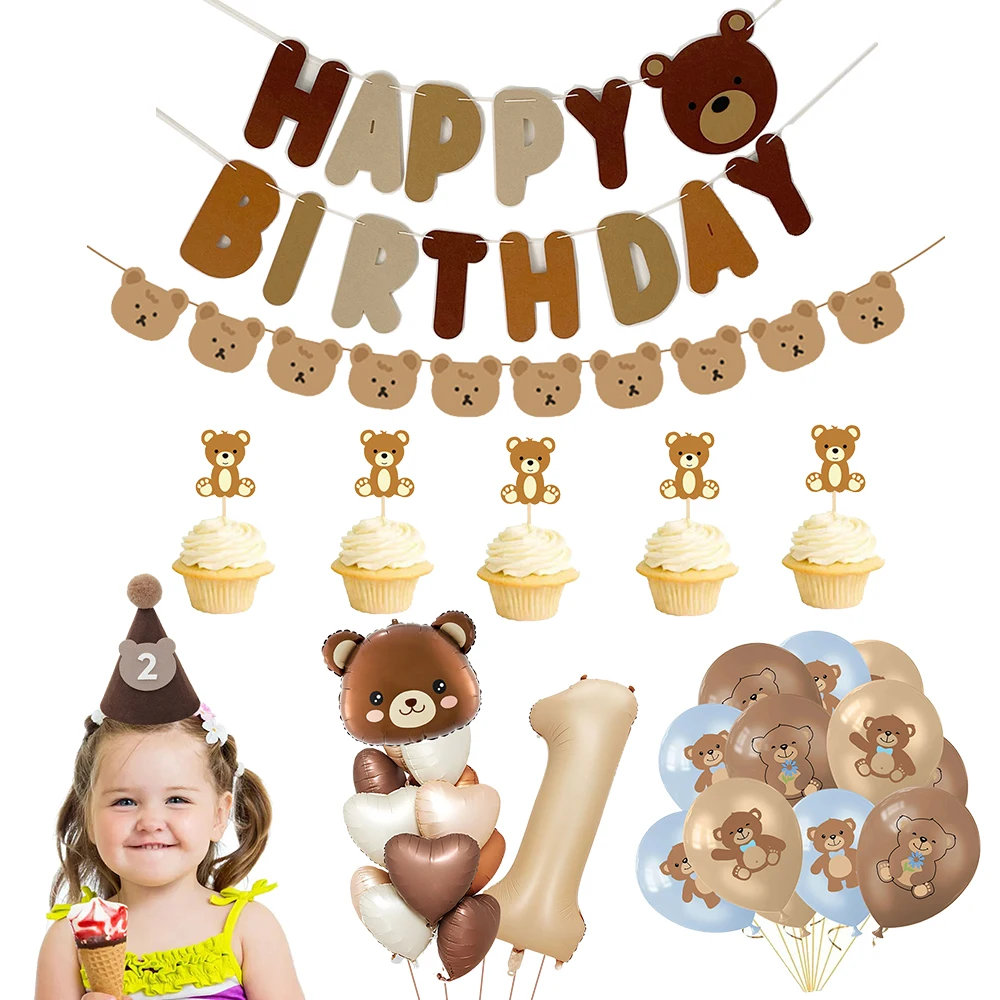 49pcs Kids Teddy Bear Birthday Party Balloons Banner Garland Cake Toppers Baby Shower Boy 1st Happy Birthday Decoration Supplies