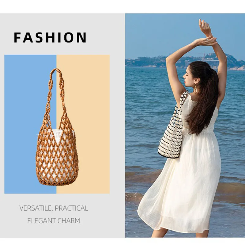 Women Woven Hand Bag Hollow-out Wooden Bead Bag Bucket Shoulder Bag Female Reticulate Netted Beach Handbag - Image 6