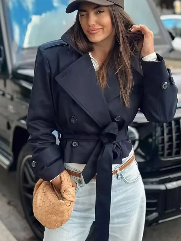 HH 2025 Spring Retro V-neck Double Breasted Women\'s Pocket Top Loose Jacket Women\'s Street Casual Lace-up Short Trench Coat
