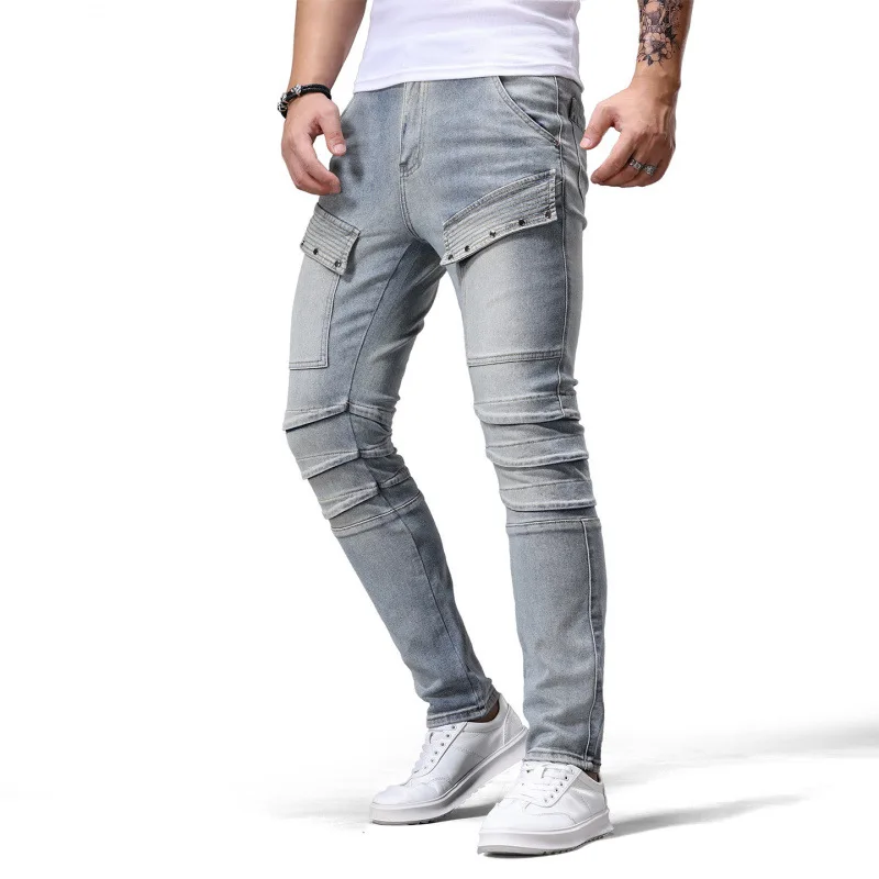 

Модные лоскутные мотоциклетные джинсы индивидуального дизайна, мужские трендовые маленькие уличные брюки в стиле ретро с потертостями