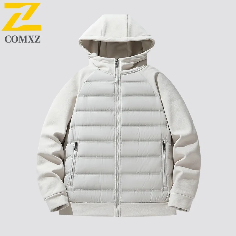 COMXZ Winter Mens Puffer Jacket Classics Hooded Camping Sleeve Puffer Coat Plus Size Durable Warm Quality Winter Outerwear