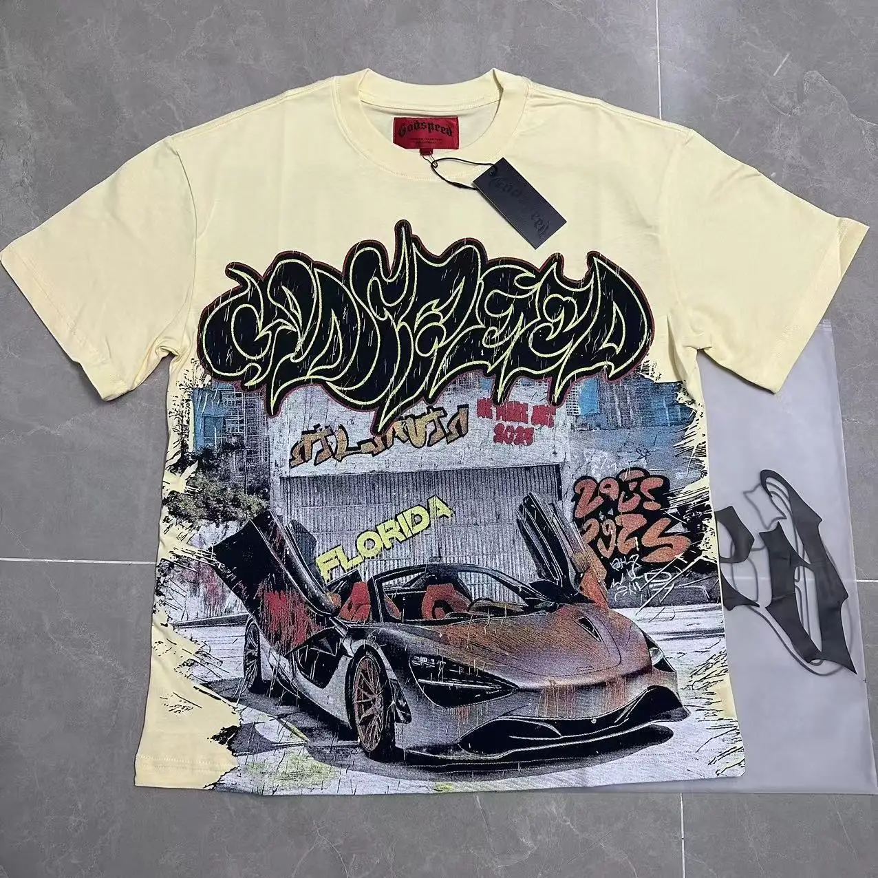 Godspeed American INS Retro Car Print Distressed round Neck Heavyweight Loose Pure Cotton Short Sleeve T-Shirt Street Style C...