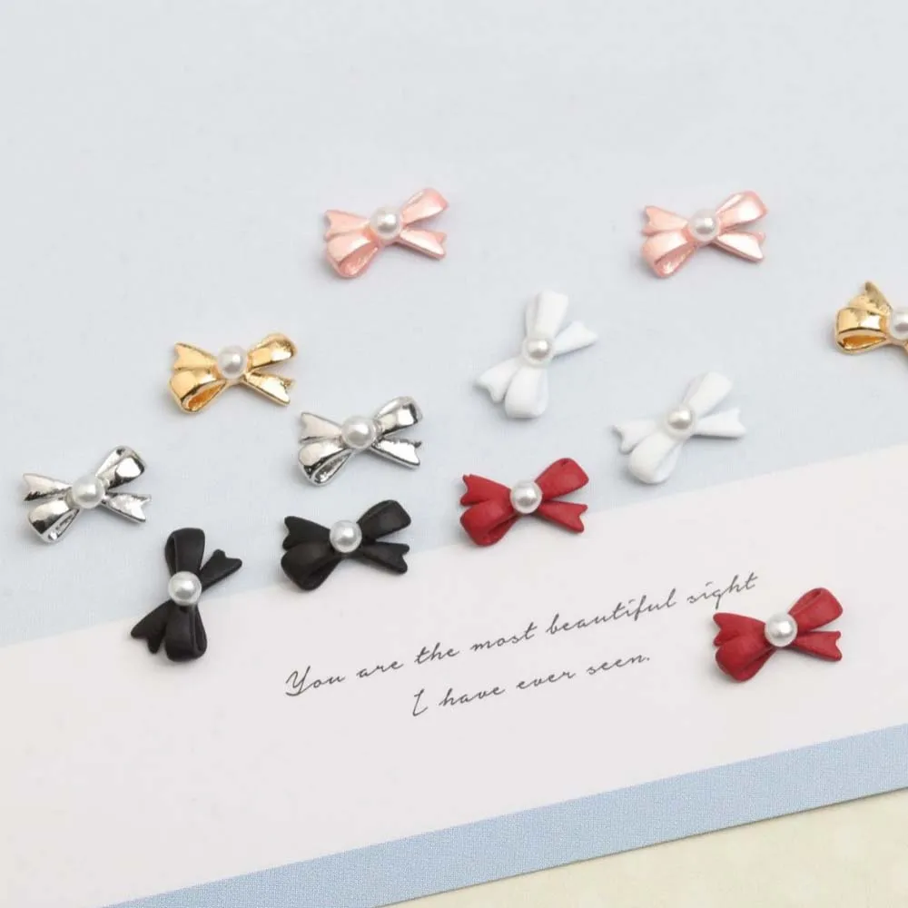 10Pcs Ribbon Bowknot Nail Art Charms 3D Alloy Gold Sliver Bow with Pearl Nail Art Rhinestone Kawaii DIY Manicure Accessories