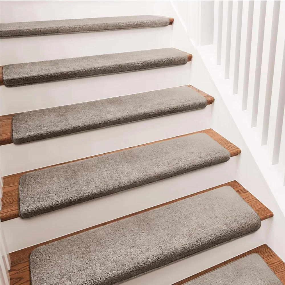 Pisos de escaleras de alfombra, almohadillas de protección de escaleras interiores redondeadas suaves ultra suaves de 9,5 pulgadas x 30 pulgadas, adhesivo antideslizante para mascotas