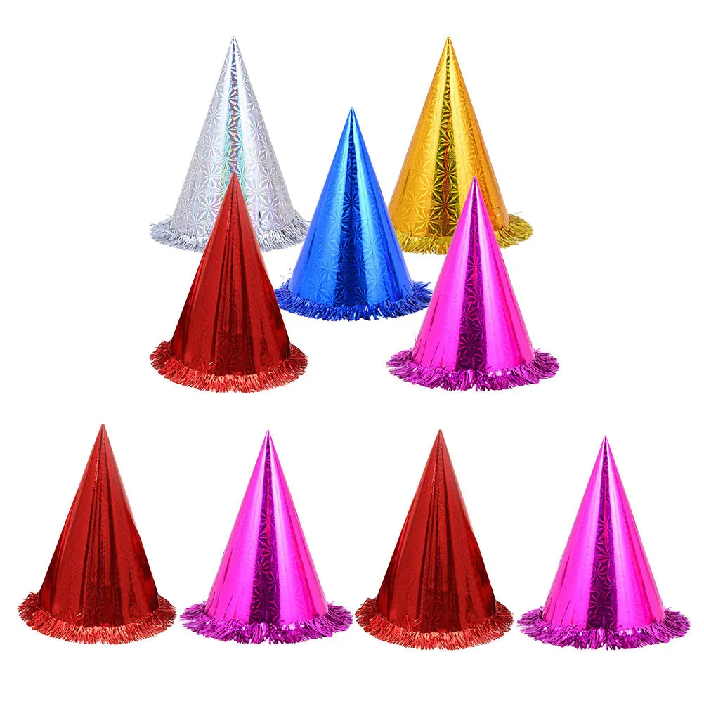 

18pcs Glittering Triangle Party Hats Hard Paper Cone Birthday Hats Film Surface Elastic Band Tassel Edge For Adults Mix