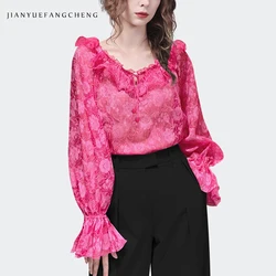 Cute Fashion Pink Floral Chiffon Top For Women Ruffle V-Neck Flared Sleeve Spring Summer Blouses Loose Casual Long Sleeve Shirt