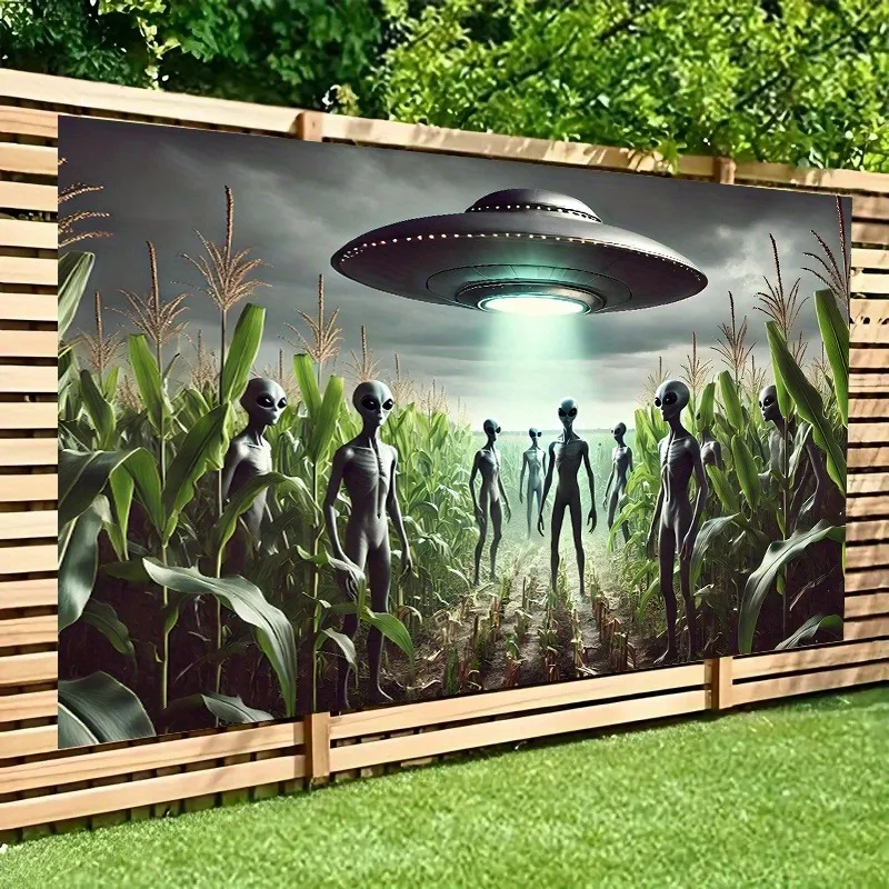 Tapiz de poliéster con escena de campo de maíz, nave espacial alienígena, sala de estar, dormitorio, oficina, decoración al aire libre, ciencia ficción, estilo misterioso, fiesta