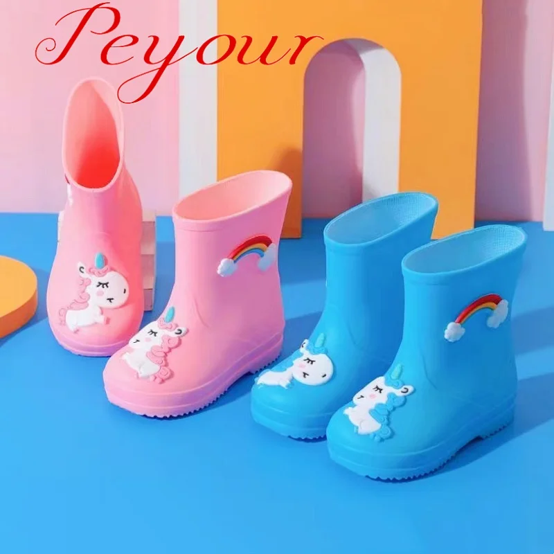 Simpatico cartone animato unicorno arcobaleno Slip On stivali da pioggia per ragazze, stivali da pioggia antiscivolo impermeabili per viaggi