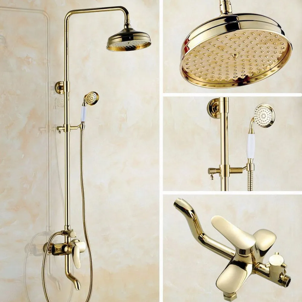 

Gold Color Brass Rainfall 8" Bath Shower Mixer Faucet Set Wall Mounted with Hand Shower Swivel Tub Spout Shower Taps