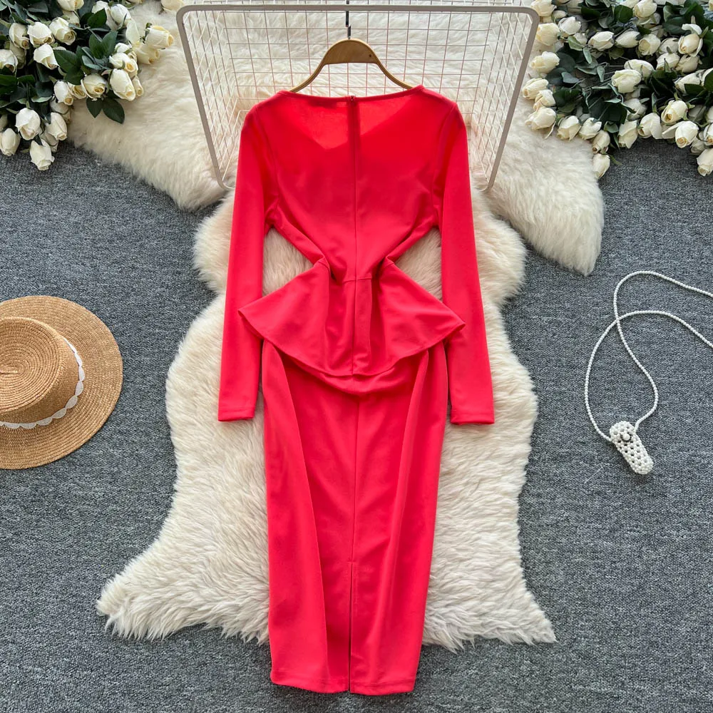 Sexy elegantes, langärmliges, gespleißtes Party-Bleistiftkleid für Damen, koreanische Abendkleider für Modezeremonie