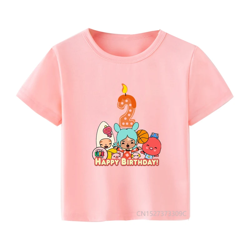 Girls 1-9 Colorful Candle Numbers Happy Birthday Pink T-shirt Kids Toca Life World Cartoon Print Tshirt Baby Cute Clothes Top