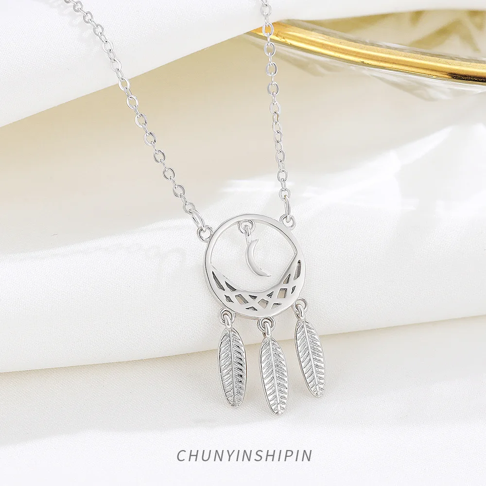 Moon Dreamcatcher Necklace S925 Silver for Women, Korean Style Leaf Clavicle Chain Jewelry