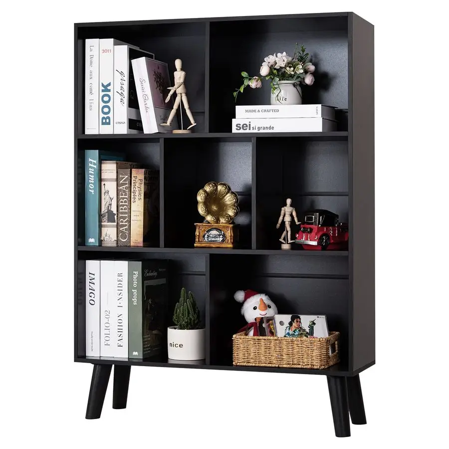 

Black Bookshelf,3 Tier Modern Bookcase with Legs,Bookshelves Wood Storage Shelf, Open Book Shelves Cube Organizer,F Customizable