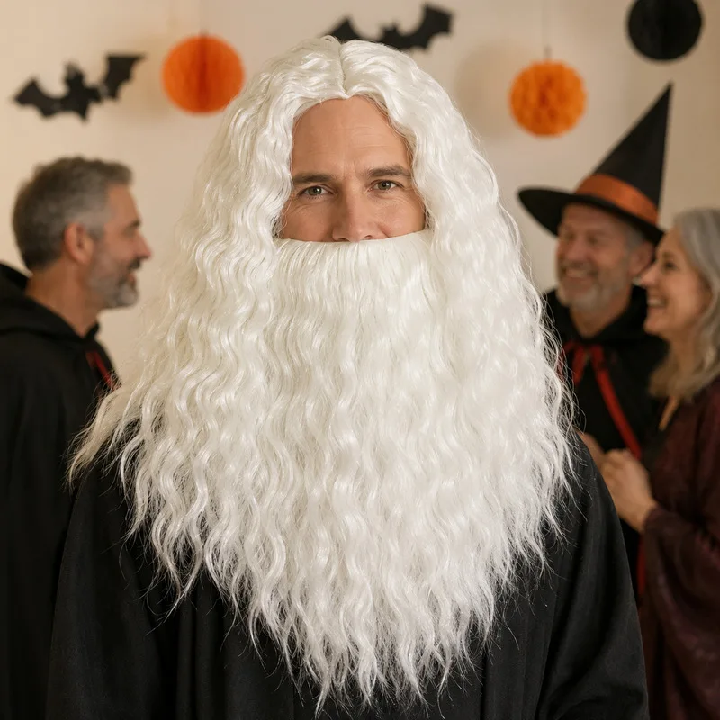 Halloween wizard , long curly a magician, gray for a grandmother, beard, cosplay Santa Claus wig set