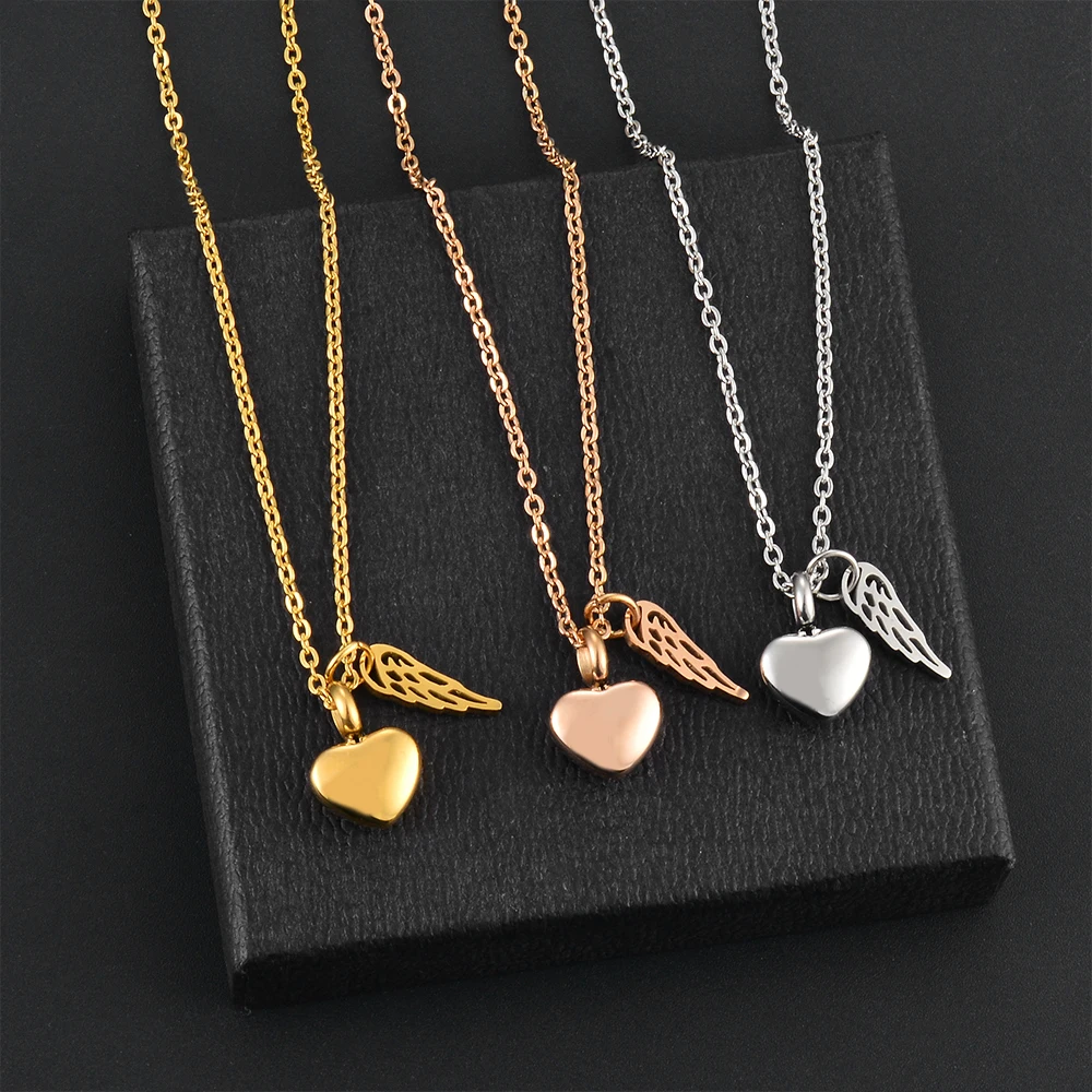 Stainless Steel Mini Angel Wing Love Heart Cremation Jewelry for Ashes Pendant Ash Holder Memorial Necklace Jewelry 3 Colors