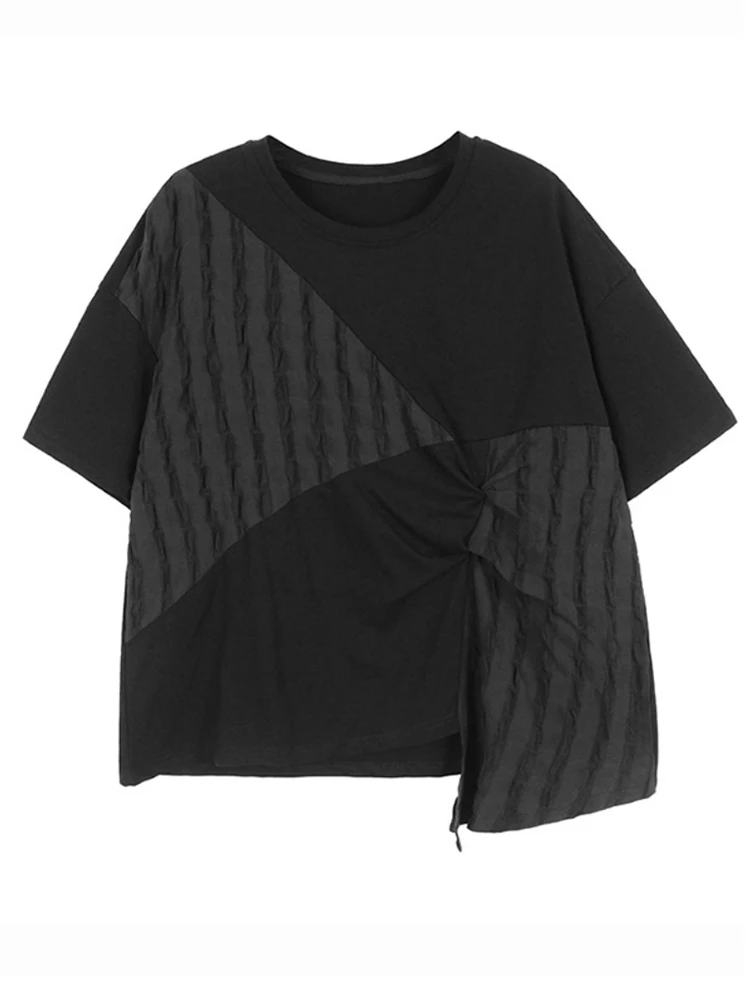 

Women Black Irregular Striped Knot Big Size T-shirt New Round Neck Short Sleeve Fashion Tide Spring Summer 2023 M400