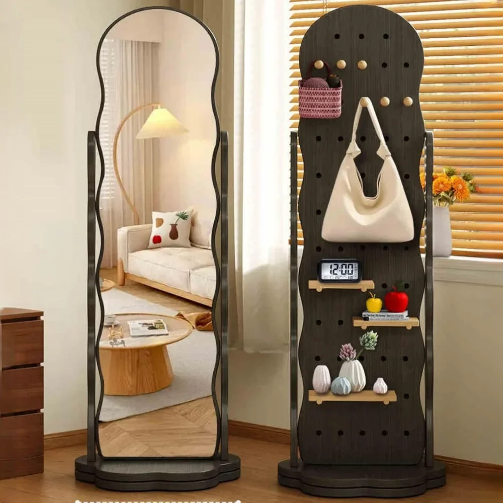 Full Body Floor Standing Bedroom Body Mirror, 360 ° Rotating Full Body Mirror with Coat Rack, High-definition Explosion-proof